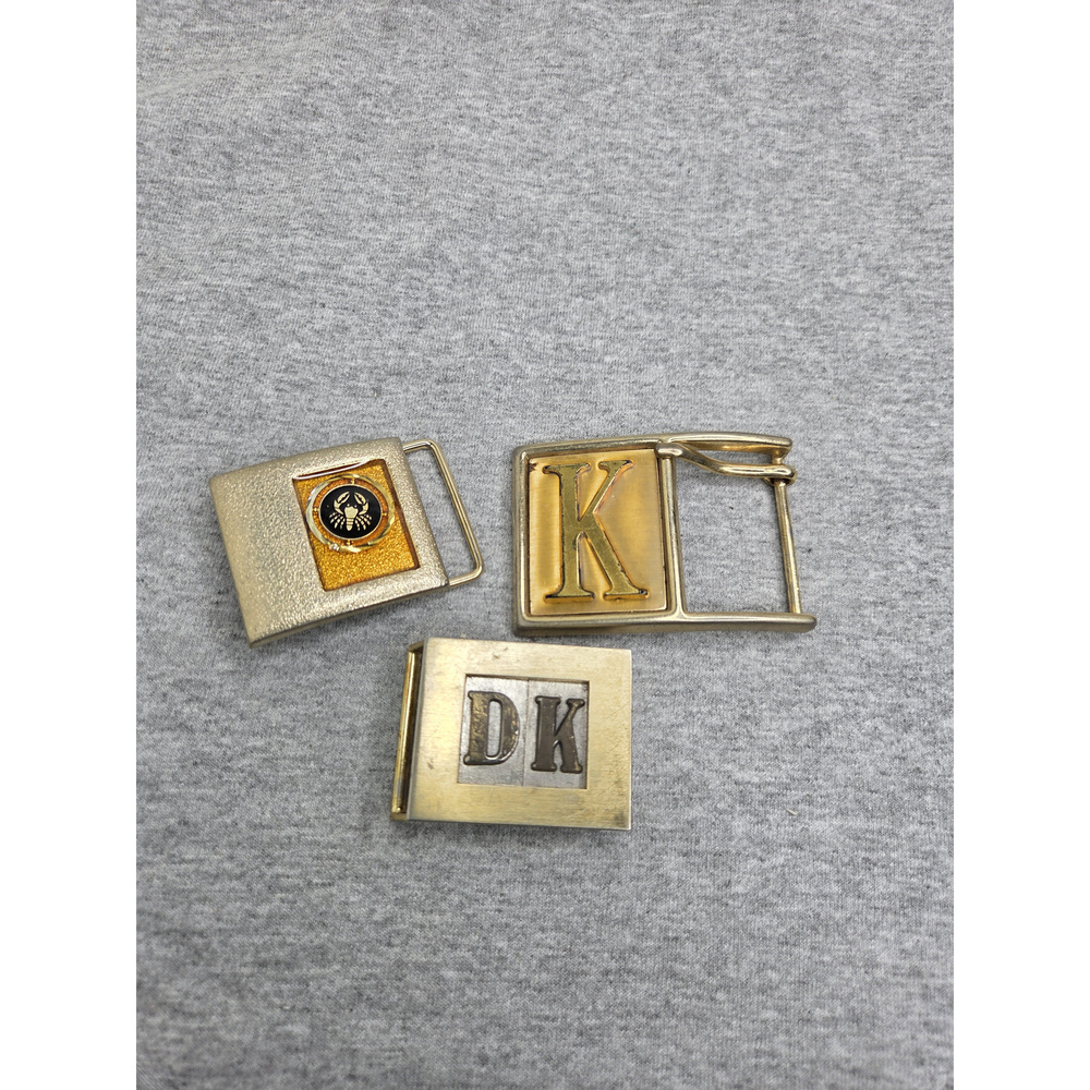 Lot of 3 Vintage Initial K and Zodiac Resin Enamel Gold Belt Buckles